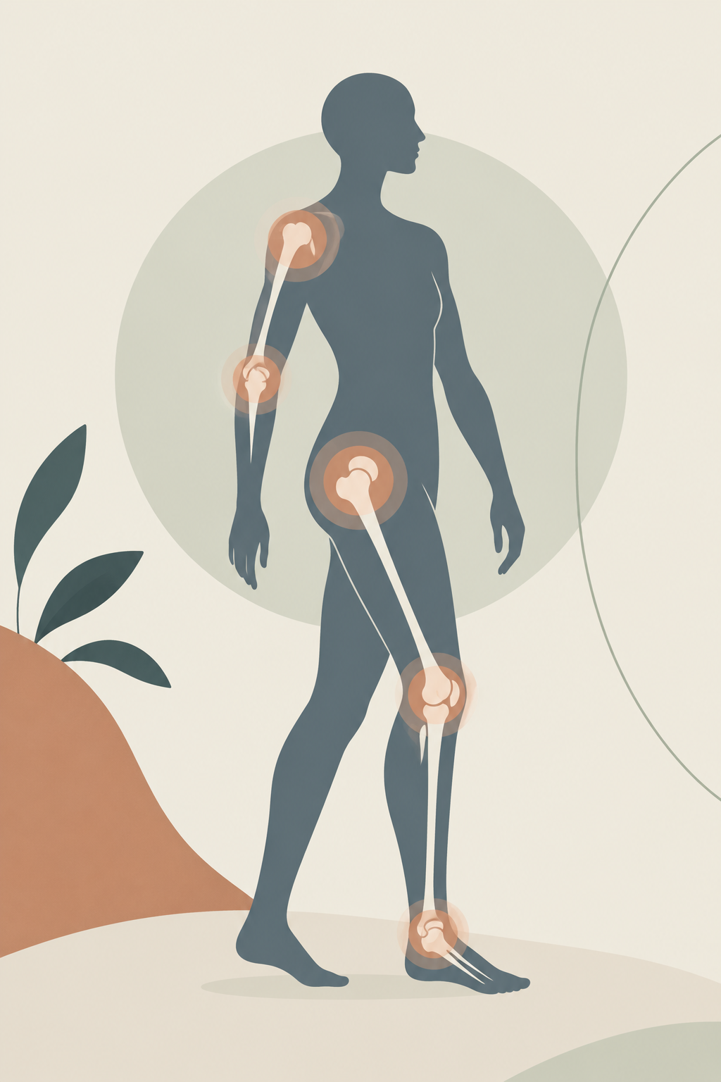 Ilustração minimalista de um corpo humano com as principais articulações destacadas
